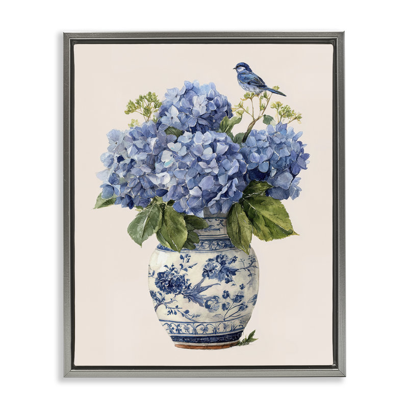 Songbird perché sur un cadre flottant d'hortensias, design par Imagine It Images, Cadre flottant gris lustré