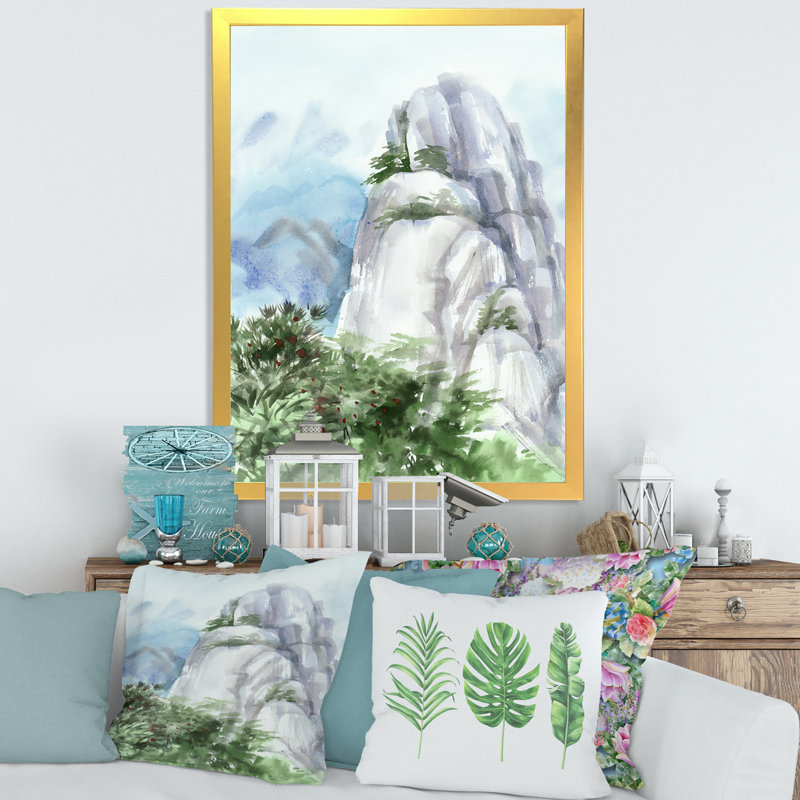 Sommet de montagne dans les nuages - peinture sur toile, Toile encadrée d'or, H 32 po x l 24 po x 1,5 po