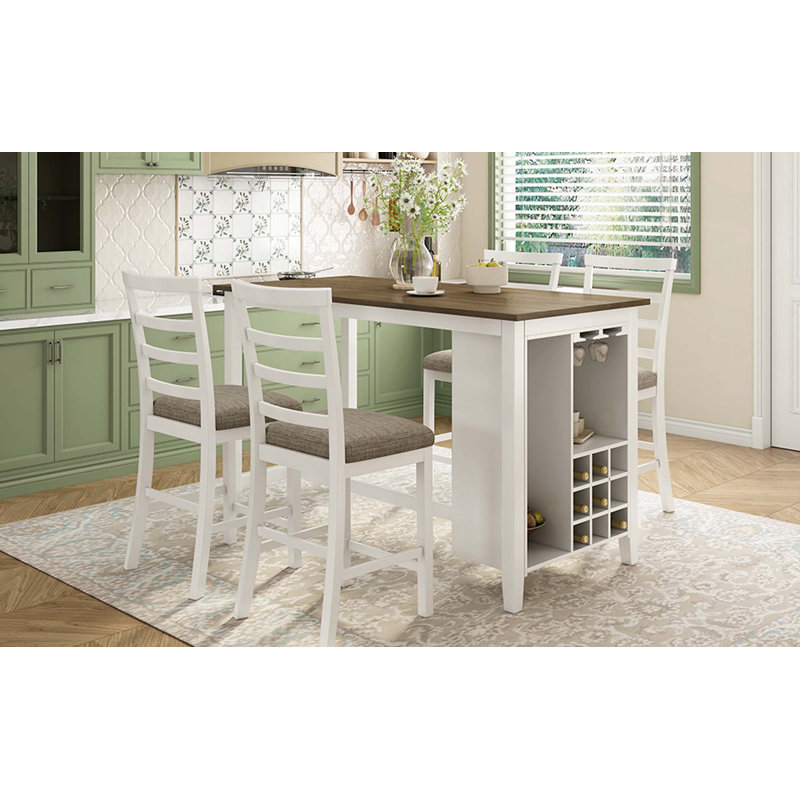 Ensemble de salle à manger 5 pièces à hauteur de comptoir en bois d'hévéa multifonctionnel avec chaises rembourrées et compartiment à vin intégré à 9 bars, porte-verres à vin pour la salle à manger