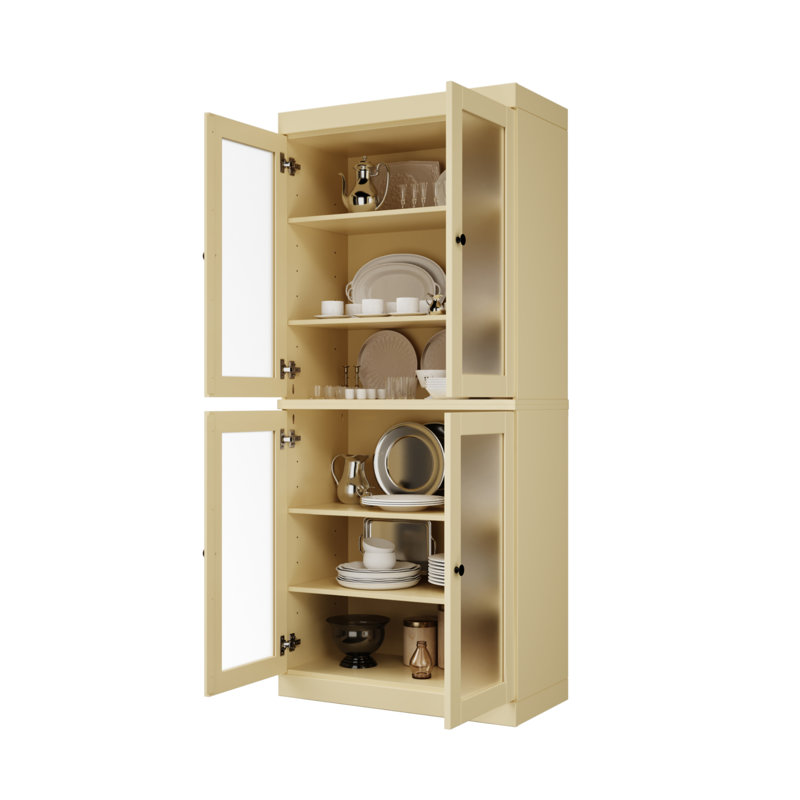 Garde-manger 100% bois massif 32 po avec portes en verre givré et tablettes réglables, Jaune