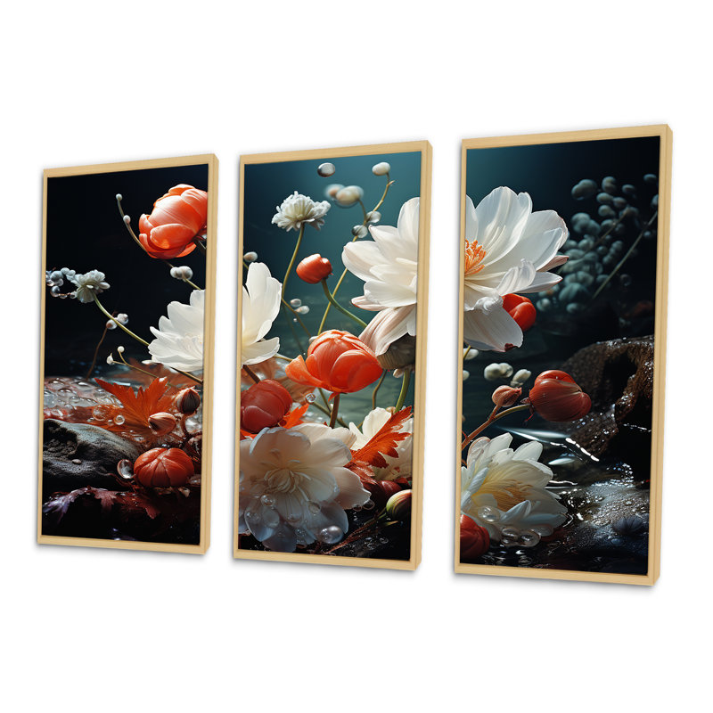 «White Flower Enchantment - Flowers», ensemble d'art mural, H 40 po x l 60 po x P 1 po, Cadre naturel flottant