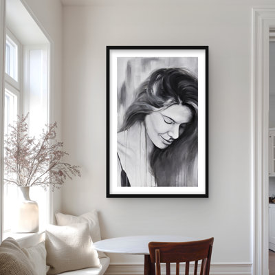 Smiling Woman Portrait | Gray Figurative Framed Print Decor