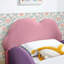 Lit simple mignon en forme de nuage pour enfants en cuir de polyuréthane avec garde-corps, lit pour tout-petits sécuritaire avec dessin mauve et rose et poche de rangement