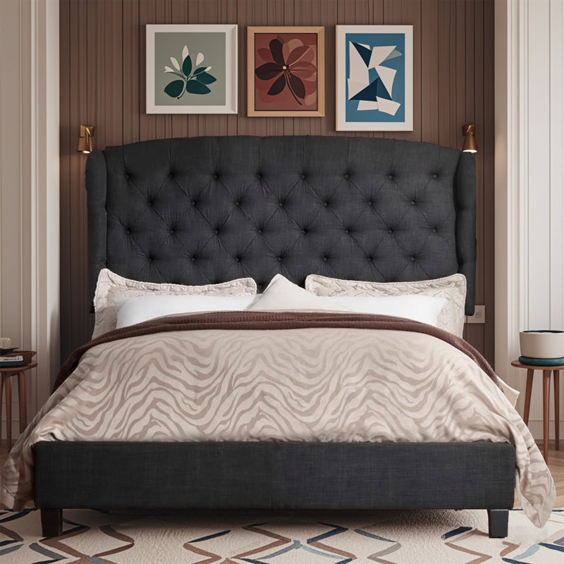 Fabric Upholstered Bed,Tufted Headboard Adjustable Height Bed Frame, Black, King