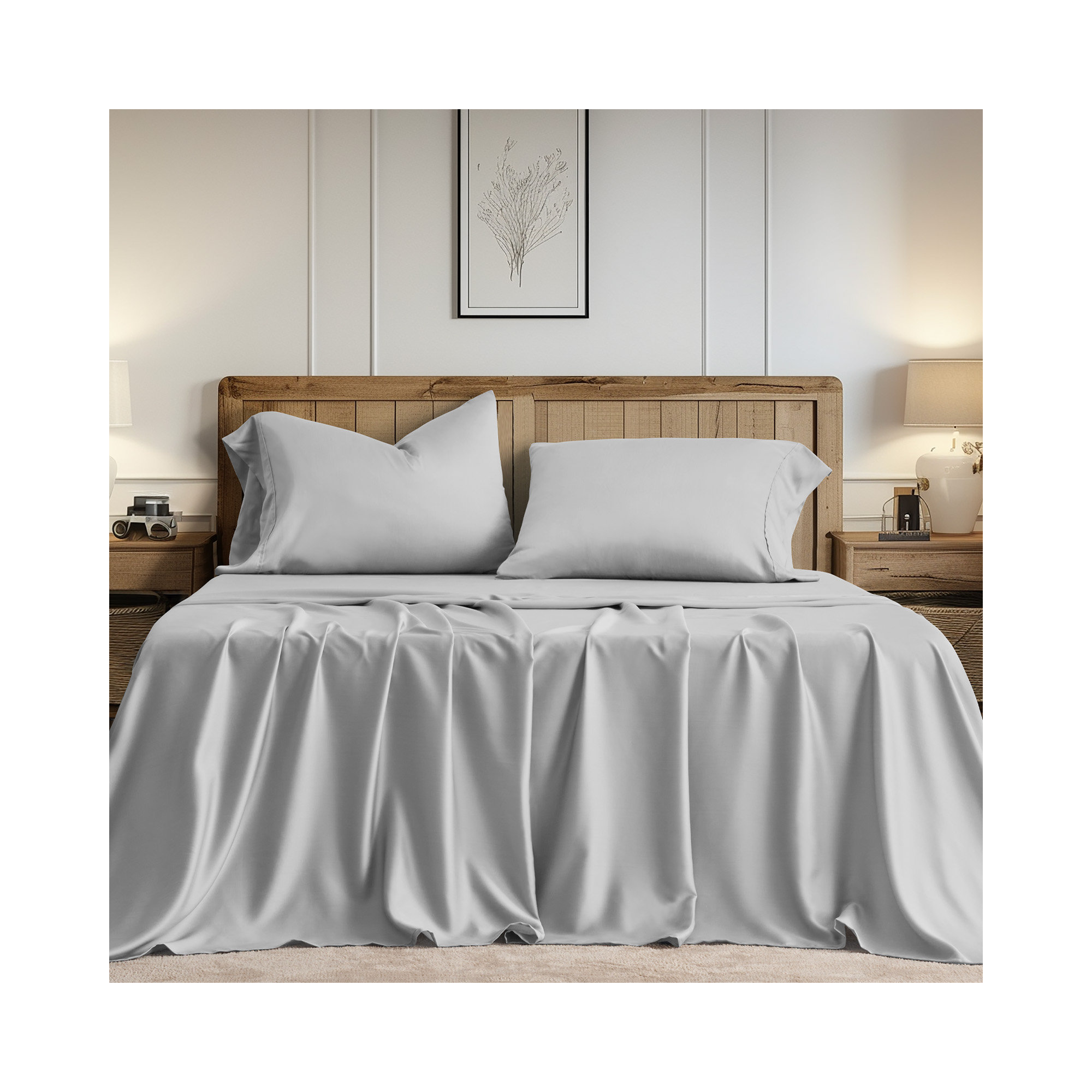Tencel Sheet Set 4 Pieces, Light Gray, King Sheet Set + 1 Fitted Sheet + 2  Pillowcases