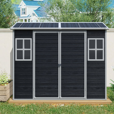 Remise de rangement extérieure 8 pi x 4 pi, plastique, noir, avec plancher, deux fenêtres, porte double, pour jardin, patio, cour, pelouse, construction robuste, protection, bouches d'aération, remise en plastique noire à installation rapide