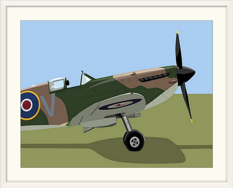 Deschamps " Spitfire WWII Fighter " by Michael Tompsett, 20" H x 24" W x 1" D, White Framed