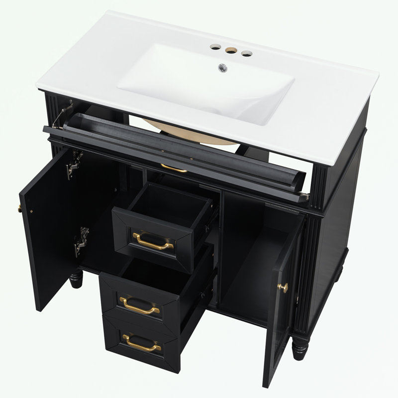 Ensemble de meuble-lavabo avec lavabo, portes à fermeture douce et 2 tiroirs de rangement, Noir, noir, noir, noir