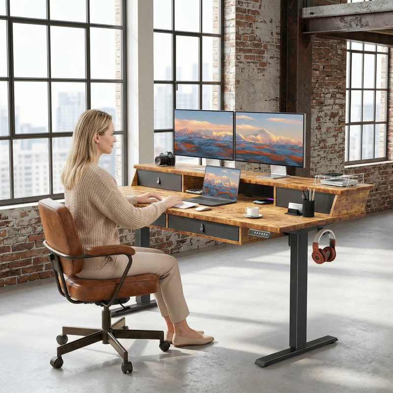 Bureau d'ordinateur à 4 tiroirs pour bureau à domicile Jeneffer, L 63 po x P 30 po, Brun rétro