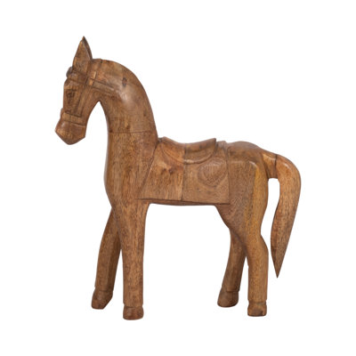 Decorative Wooden Horse Figurine Sculpture for Home Decor - Rustic Statue Animal Accent for Table Styling or Living Room Decoration - 12", Brown
