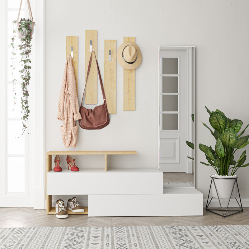 Campden Hall Tree 137cm Wide with Bench and Shoe Storage, White/Sonomo Oak