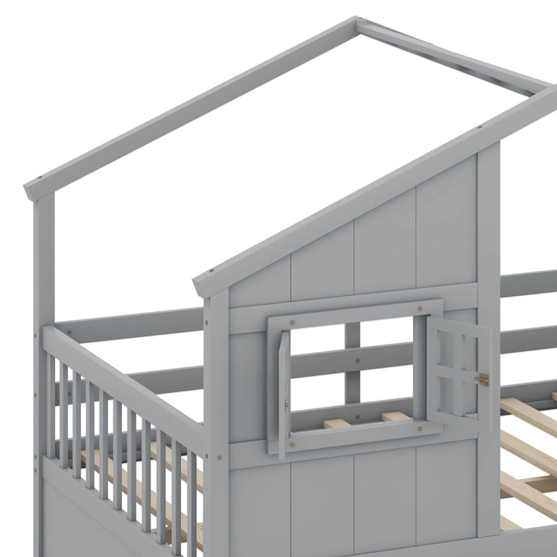 Structure de lit en bois pleine grandeur avec toit, fenêtres et 4 tiroirs de rangement, Gris