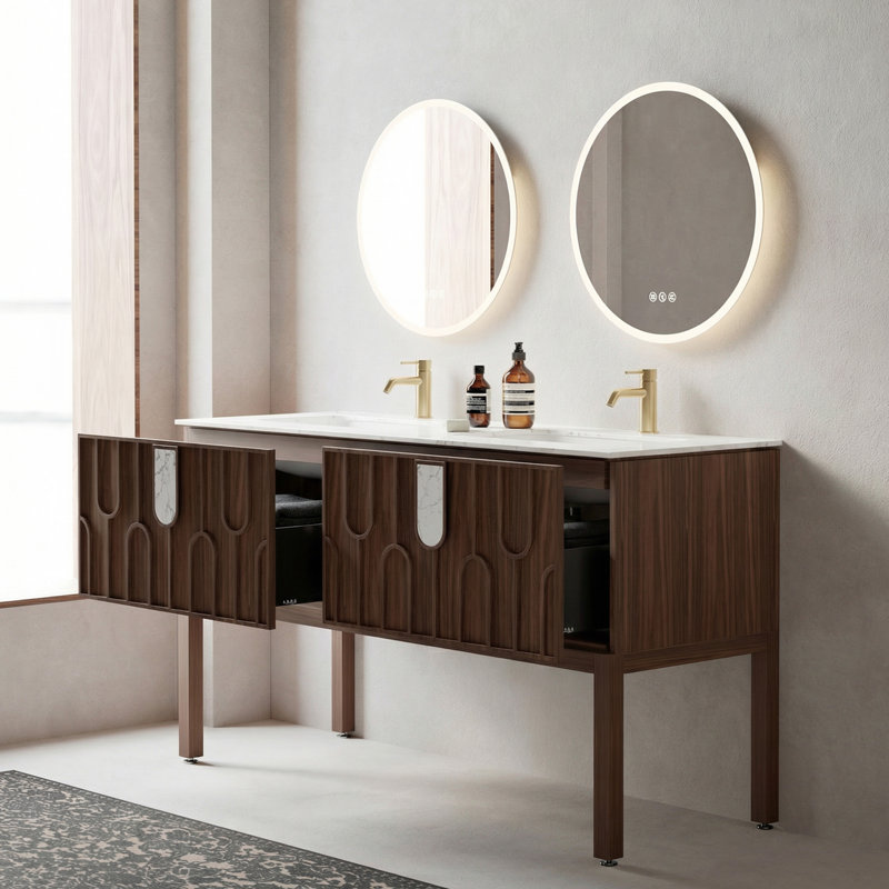 Meuble-lavabo mural 2 tiroirs l 60 po x P 22 po Billie avec lavabo double en céramique en noyer et comptoir en marbre de Carrera