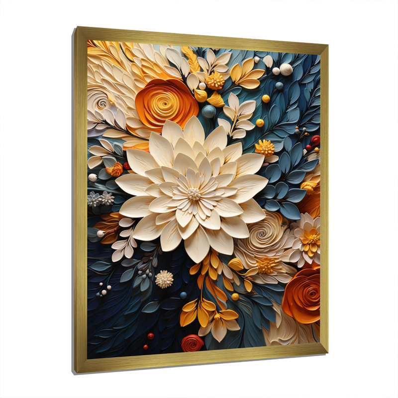 Orange Teal Botanical Whirlwind IV - Leaves Canvas wall art Botanical canvas print, Gold Single Picture Framed