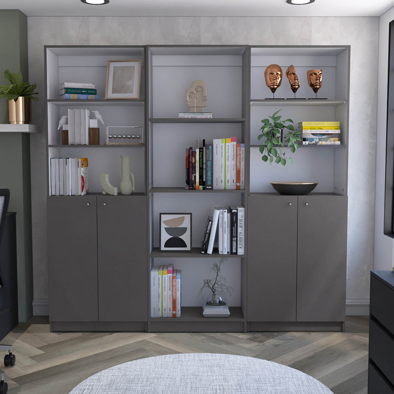 3 Piece Home Bookcase Set, 74" Wide With 10 Shelves And Two Double-Door Cabinet ,  Living Room Set  Matt Gray / White