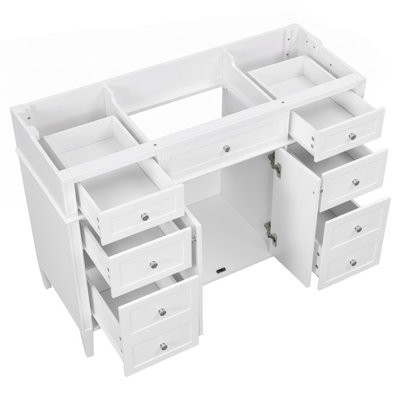 Armoire de meuble-lavabo 48 po seulement, base de meuble-lavabo autoportant en panneau de fibres à densité moyenne avec 6 tiroirs et 2 portes, armoire de rangement blanche avec charnières à fermeture douce et poignées en métal argenté
