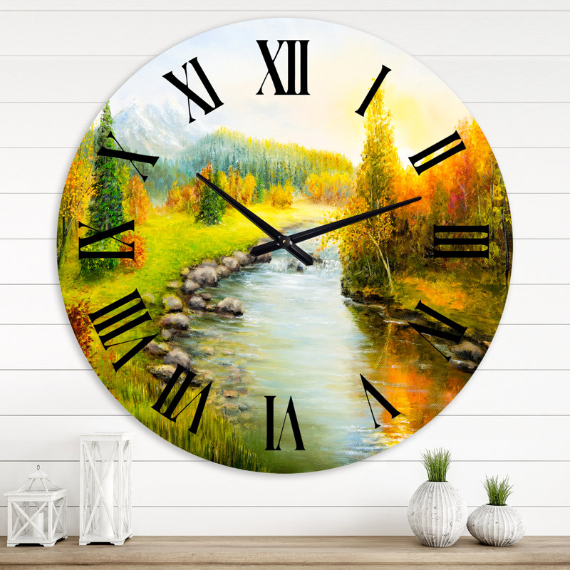 Paysage d'automne avec les montagnes de la forêt et la rivière - horloge murale Lake House, Moyenne