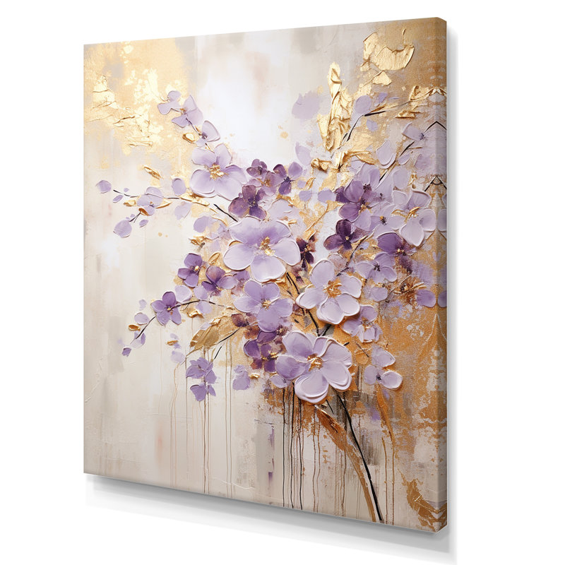 Mauve et or orné de violettes, pré IV - art mural Violettes, Toile tendue, H 32 po x l 16 po x P 1 po