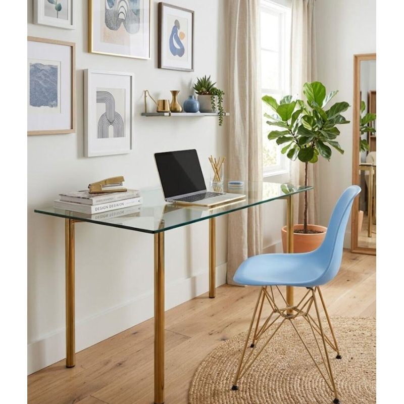 Chaise Krishauna Leffie avec pieds dorés, Bleu