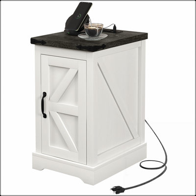 Table d'appoint Farmhouse avec station de charge, ports USB et armoire de rangement pour le salon, finition vieillie