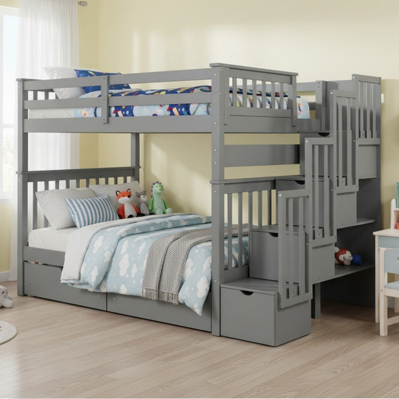 Lit superposé double en bois massif avec tablettes et 6 tiroirs de rangement pour garçons et filles, Gris
