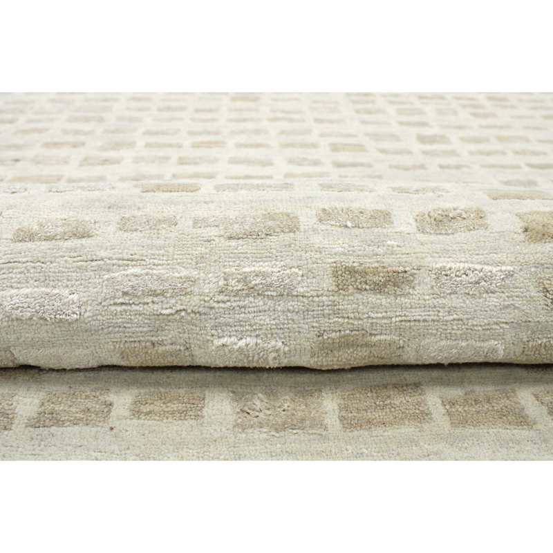 Tapis rectangulaire beige / ivoire en laine / viscose noué à la main, Rectangle 8 pi x 10 pi