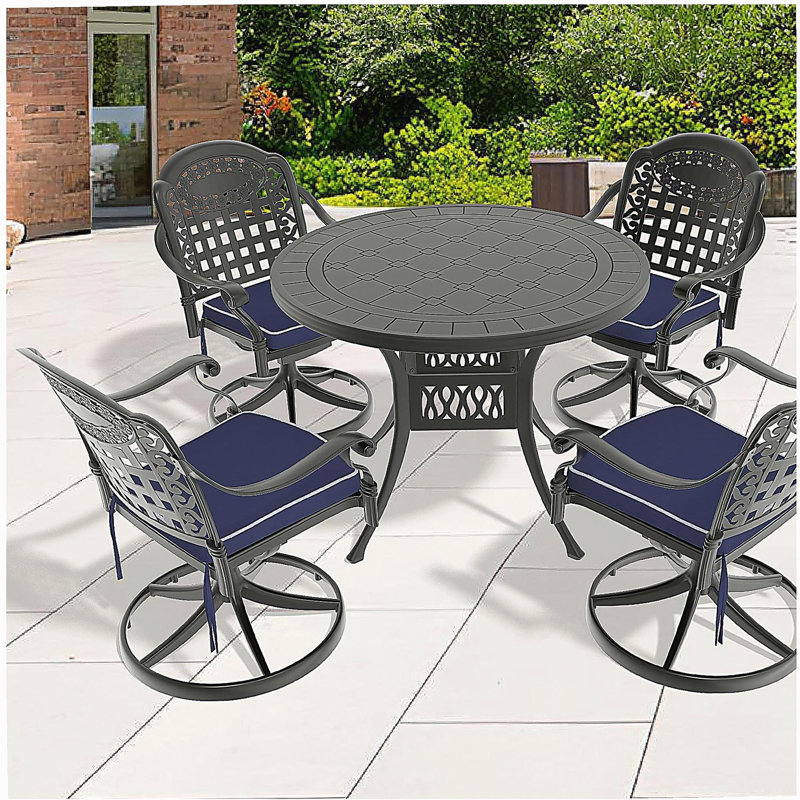 Ensemble de salle à manger 5 pièces en aluminium coulé résistant aux intempéries, comprenant 4 chaises pivotantes et une table ronde de 39,37 po avec structure noire 