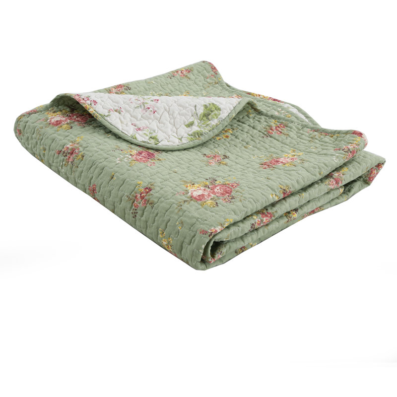 Vintage Floral Green Cotton Reversible Quilted Throw Blanket