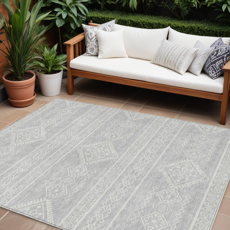 Tapis extérieur lavable argenté et ivoire 9 pi x 12 pi Southwestern