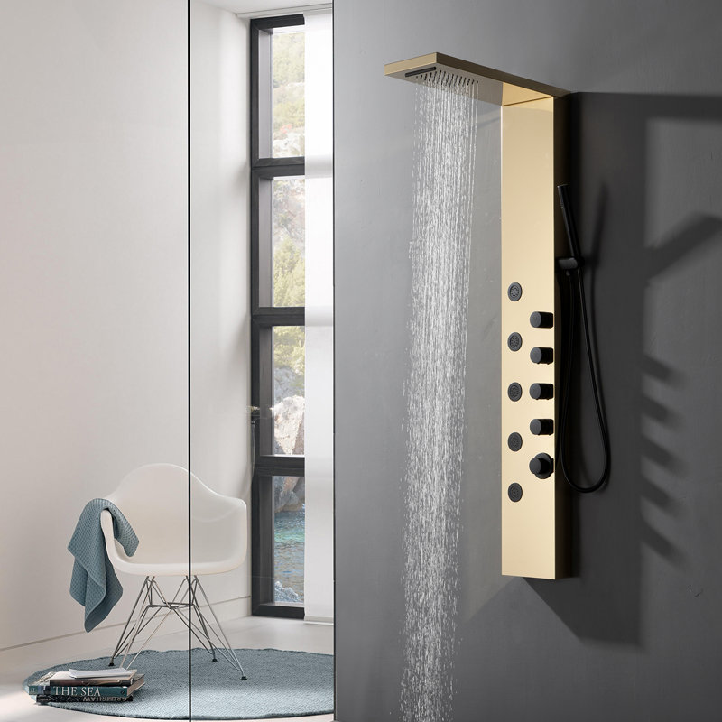 5-Jet Modern Rainfall Shower Panel, Matte Black/Brushed Gold