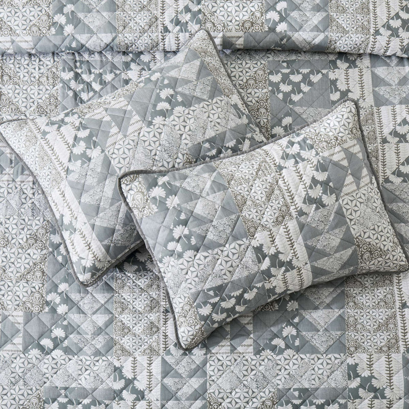 Modern Floral Geometric Quilt Set, 3-Piece Reversible Coverlet and Pillow Shams, Patina Floral