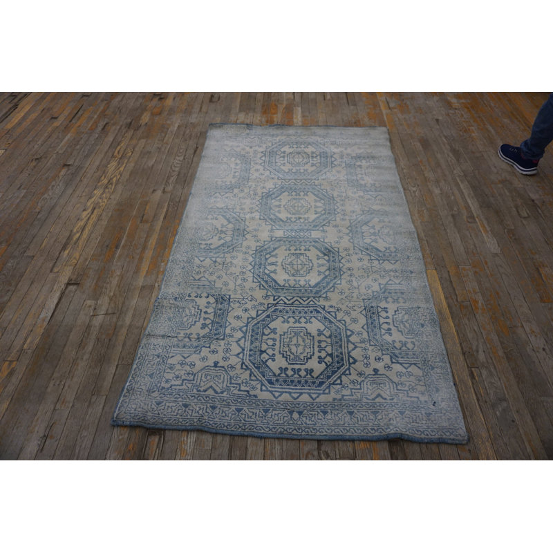 Antique Light Ivory Color Faded Blue Geometric Design Cotton Agra Rug From India
