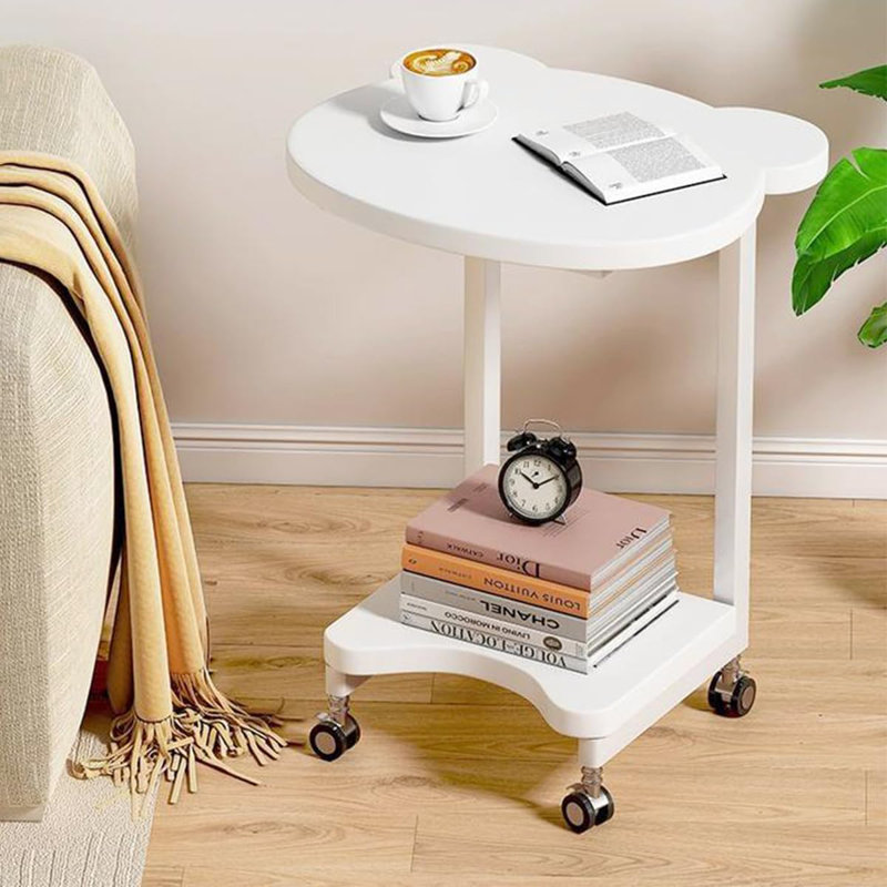 Side Table With Wheels,C Shaped White End Table,Small Side Table For Couch Sofa Table,Round Coffee Table,Mobile Standing Desk,Tall Tv Tray Table For Living Room,Bedroom,Metal Frame