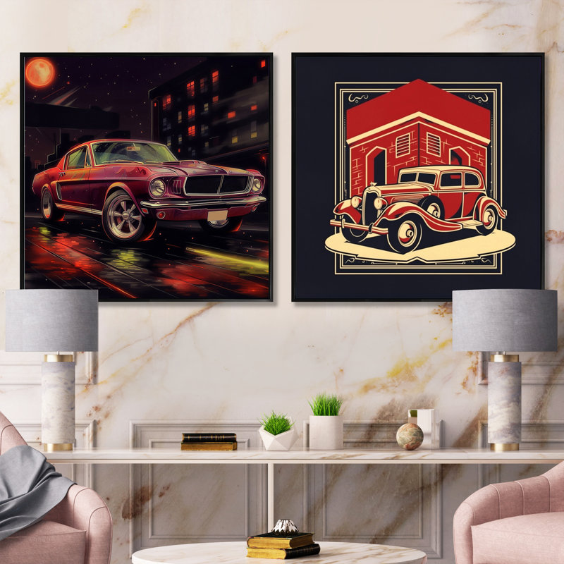 Red and Black Revving The Canvas - Cars American Muscle Square, ensemble de 2 collages, Cadre flottant noir