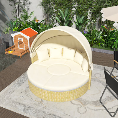 Rattan Daybed Two-Tone Weave Sunbed ,Patio Furniture Round Outdoor Sectional Sofa Set ,With Adjustable Table,Retractable Canopy, Separate Seating And Removable Cushion,All-Weather Durability,Easy To Install