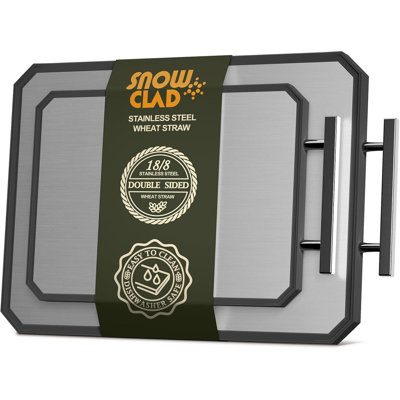 Planche à découper en acier inoxydable SNOWCLAD, ensemble de planches à découper en acier double face pour la cuisine, paille en acier inoxydable / paille de blé grand pour la viande, va au lave-vaisselle