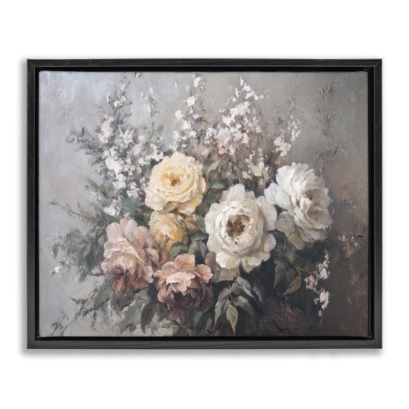  Roses et pivoines sur toile flottante grise par Petal Prints Design, Cadre flottant noir de jais, H 17 po x l 21 po