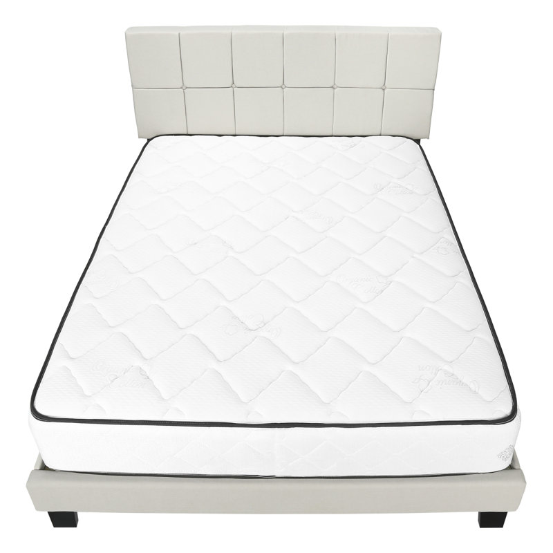 Lit, grand lit, tapissier, aspect lin beige, pieds en bois noir, transitionnel