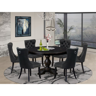 Ensemble de table de cuisine 7 pièces en similicuir, 6 chaises de salle à manger gris foncé, dossier capitonné et une table ronde de 54 po au fini noir sablé.