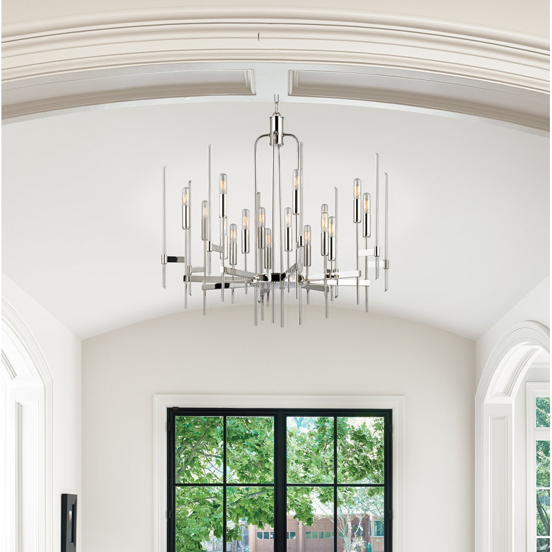 Polished Nickel 16-Light Crystal Chandelier with Glass Shades