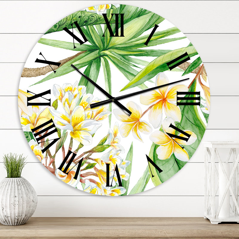 Feuillage tropical et fleurs jaunes I - Horloge murale moderne, Petit