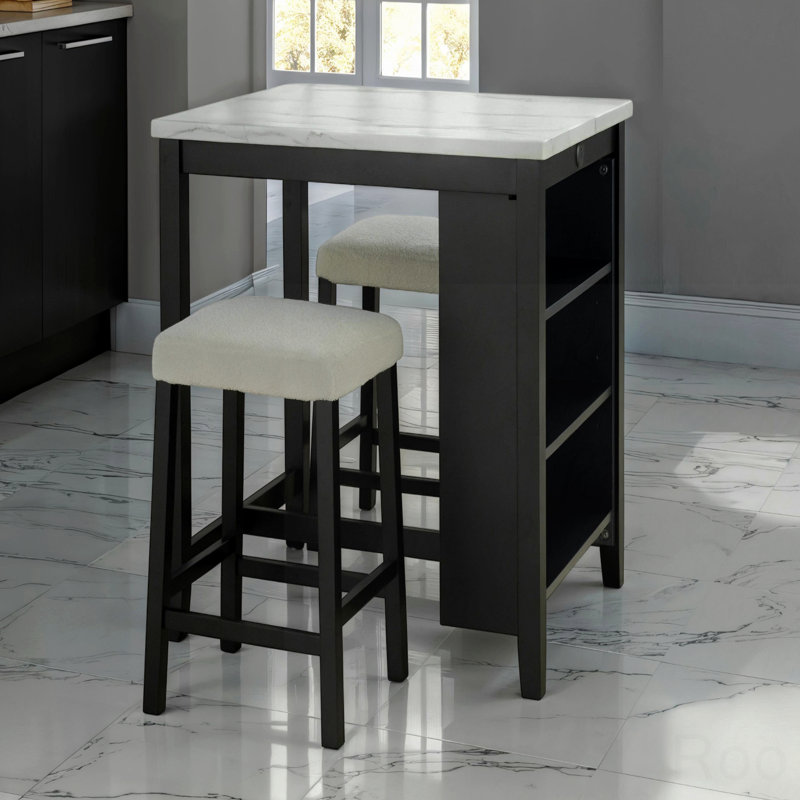 Ensemble de salle à manger 3 pièces avec plateau de table brillant et tablettes de rangement