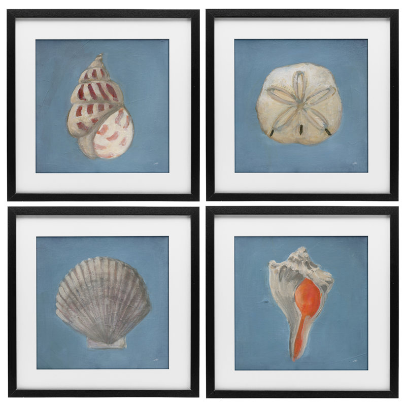 Ensemble de 4 impressions encadrées sous verre Soft Sea Shell Collection, design par Julia Purinton