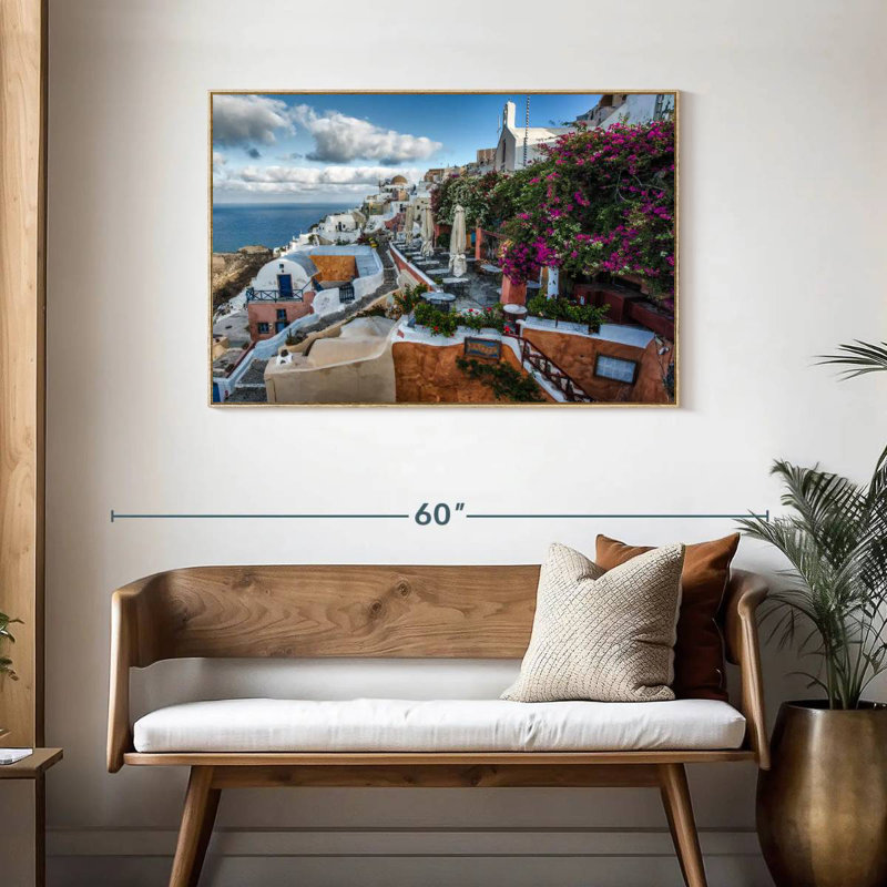 Bougainvilliers et cafés à Oia Santorini, Cadre flottant en bois naturel, 43 po x 29 po