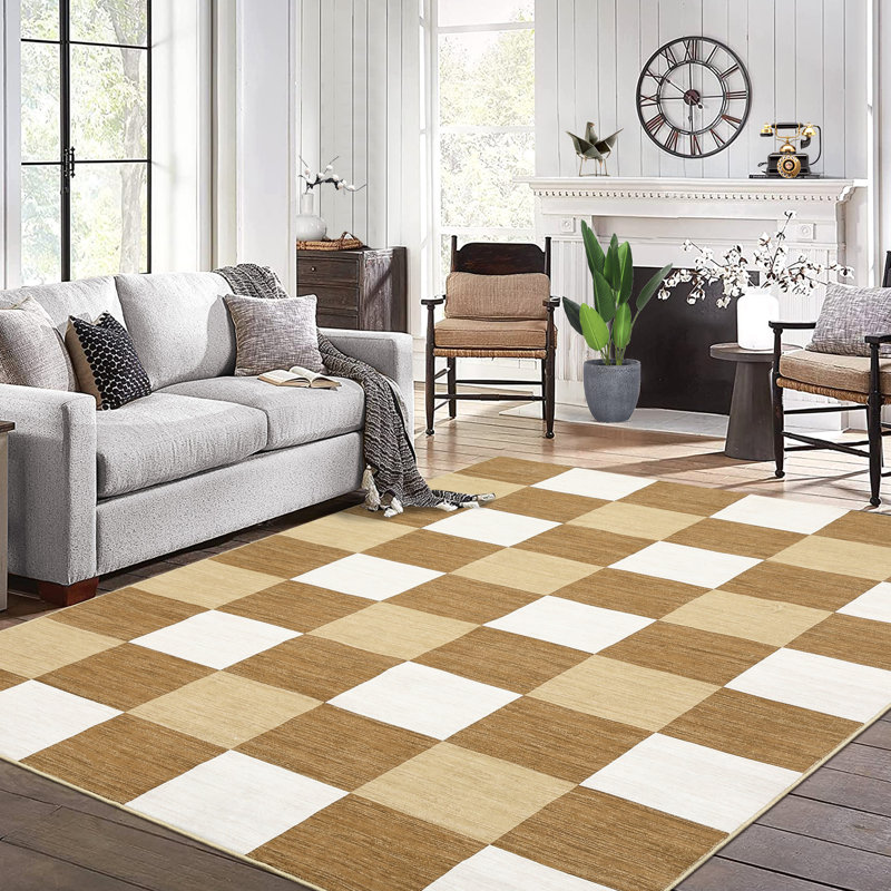 Large Dining Room Rugs 10x13 Plaid Printed Accent Carpet, Non-Slip Contemporary Geometric Indoor Mat, Easy Cleaning Low Pile Floor Cover for Bedroom, Living Room, Kitchen, Camel