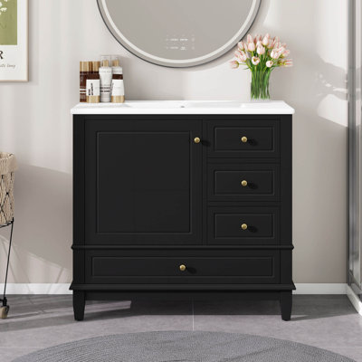 36" Bathroom Vanities With Ceramic Sink, Single Sink Bathroom Vanity, Restroom Vanity With Door Shelf And Three Drawers