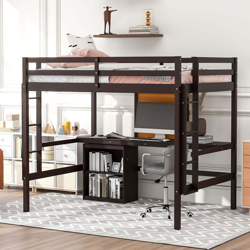 Structure de lit mezzanine en bois avec bureau et tableau d'écriture, lit mezzanine avec rangement, Lit simple, Espresso