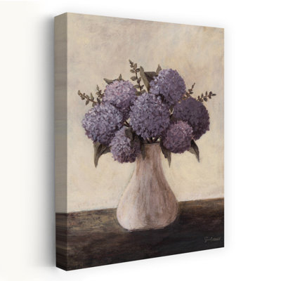 Il était une fois le rêve de l'été - Bouquet d'hortensias contemporain, vase rustique, fleurs mauves