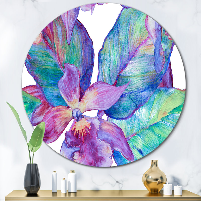Turquoise et mauve orchidée - cercle traditionnel en métal, art mural, H 36 po x l 36 po x P 1 po