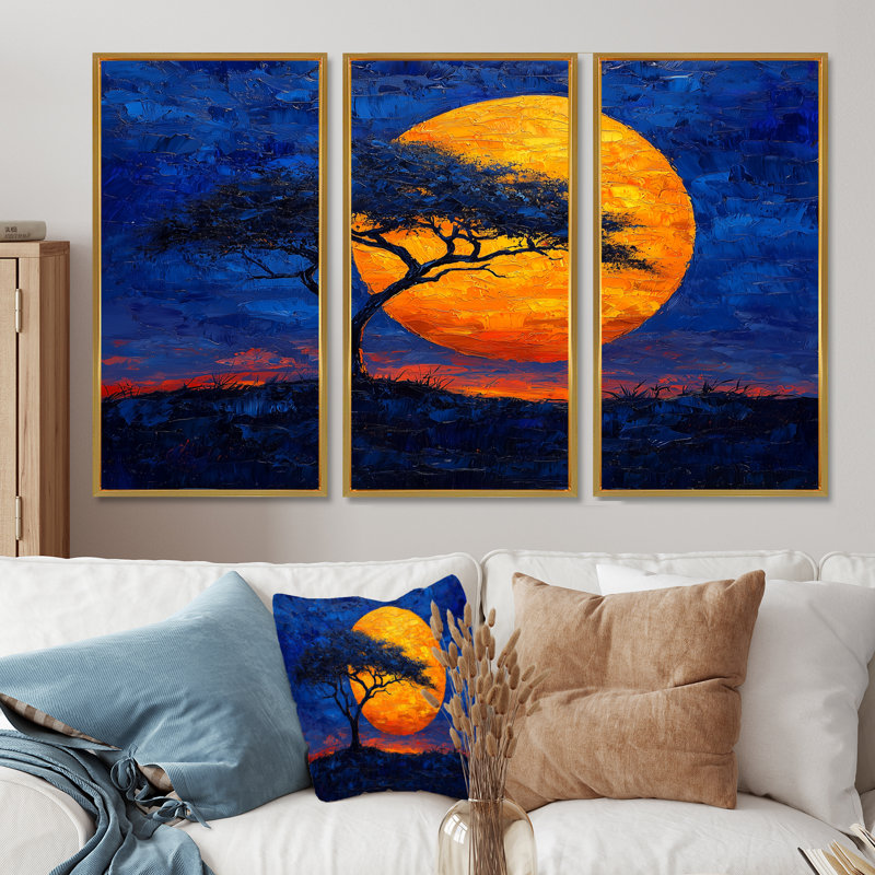Silhouette de Serengeti jaune, arbre africain, ensemble de salon art mural africain, Toile avec cadre flottant or